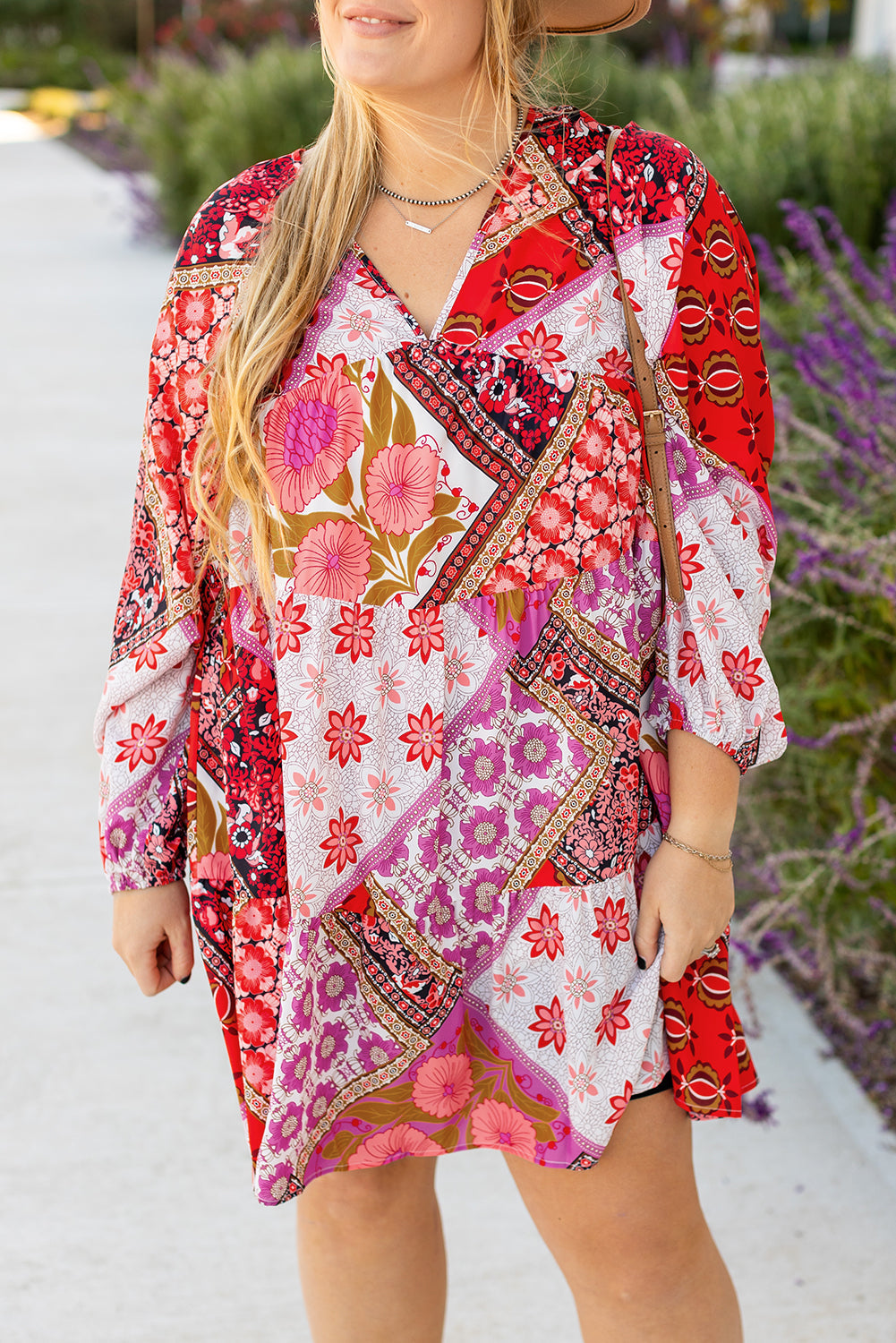 Rose Mixed Floral Long Sleeve V Neck Lace-up Hollowed Back Plus Size Dress BB Fashion Outlet