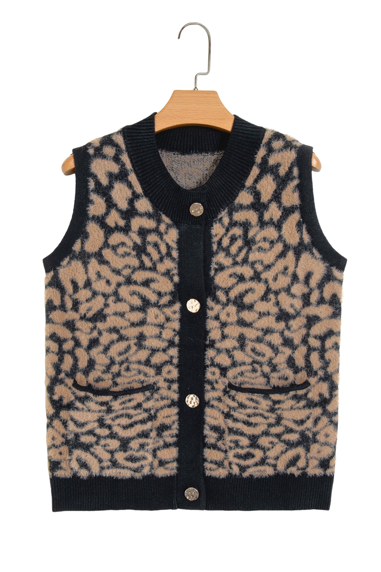 Leopard Print Knit Sleeveless Regular Wash Sweater Vest – Pink