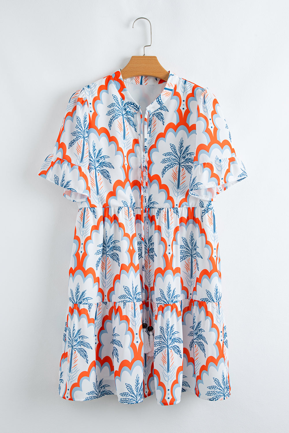 Palm Tree Printed Short Sleeve Flowy Dress - eAura