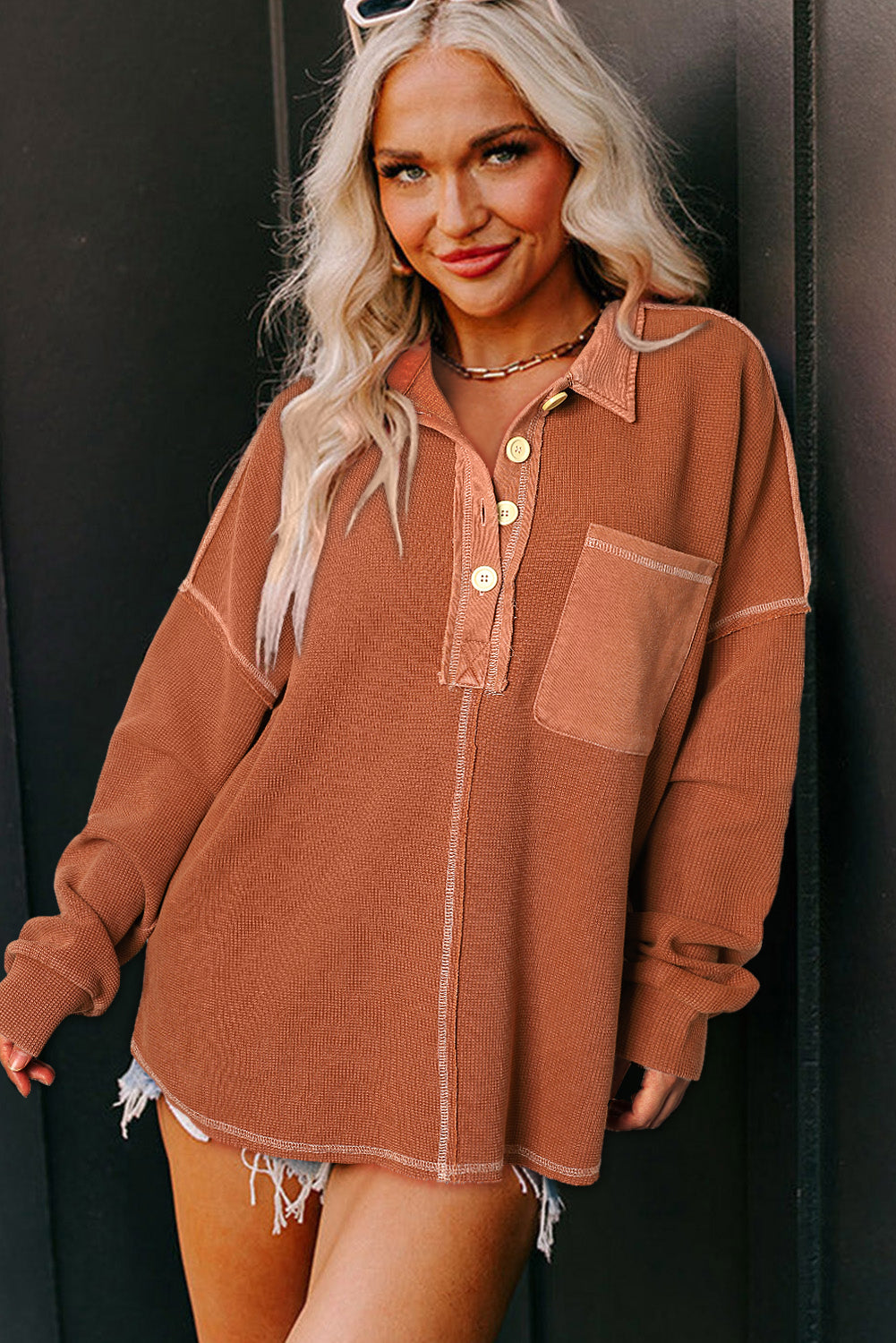 Chestnut Waffle Exposed Seam Pocket Henley Sweatshirt eAura