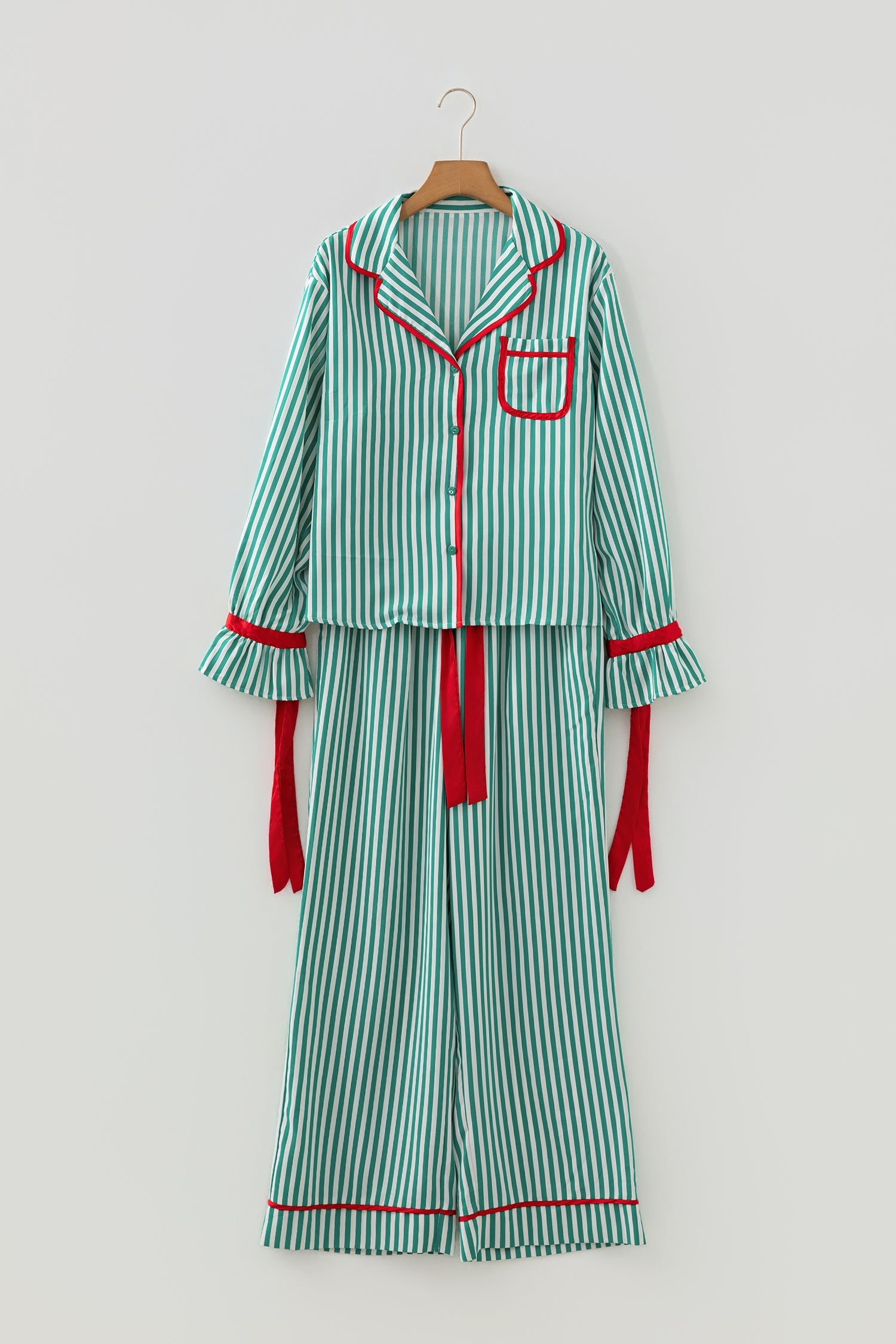 Striped Contrast Velvet Trim Bow Knot Waist Pyjama Set - Loungewear & Sleepwear/Sleepwear