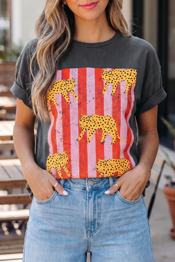 Cheetah Striped Print Retro Fashion Graphic Tee – Dark Grey