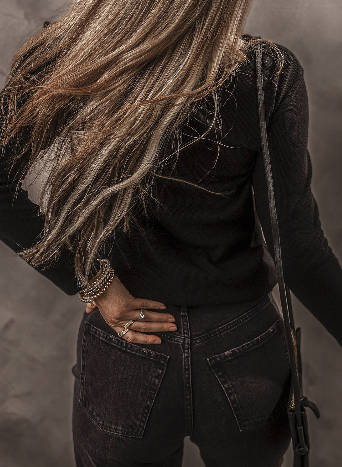 Black Buttoned V Neck Long Sleeve Ribbed Top eAura