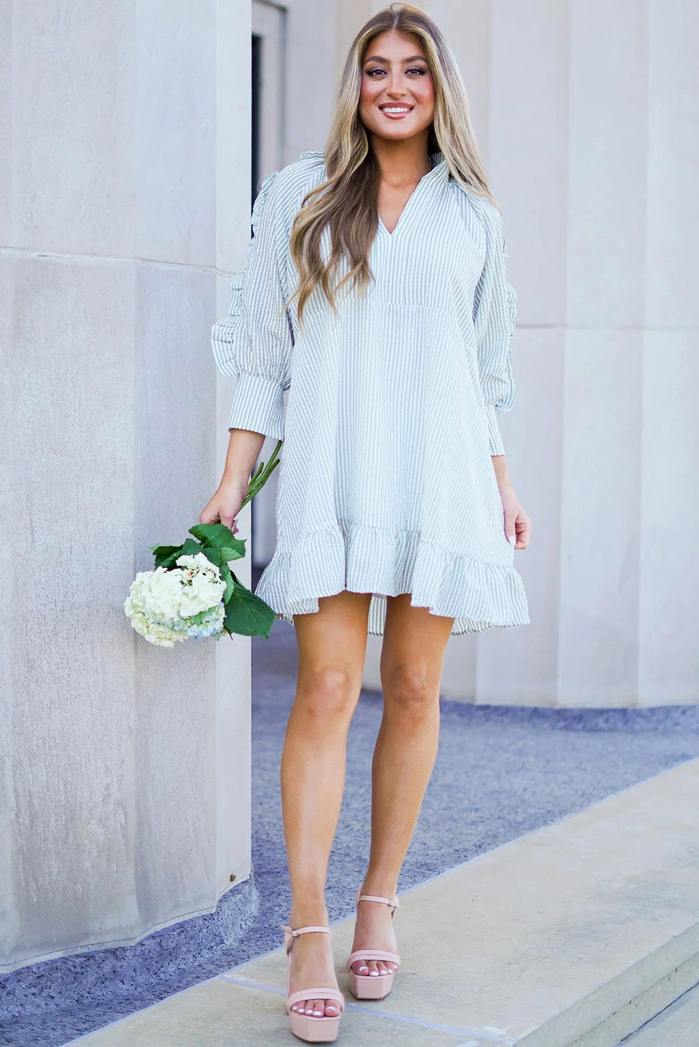 Myosotis Seersucker Ruffled Puff Sleeve Stand Neck Mini Dress Beagle Boutique Fashion Outlet