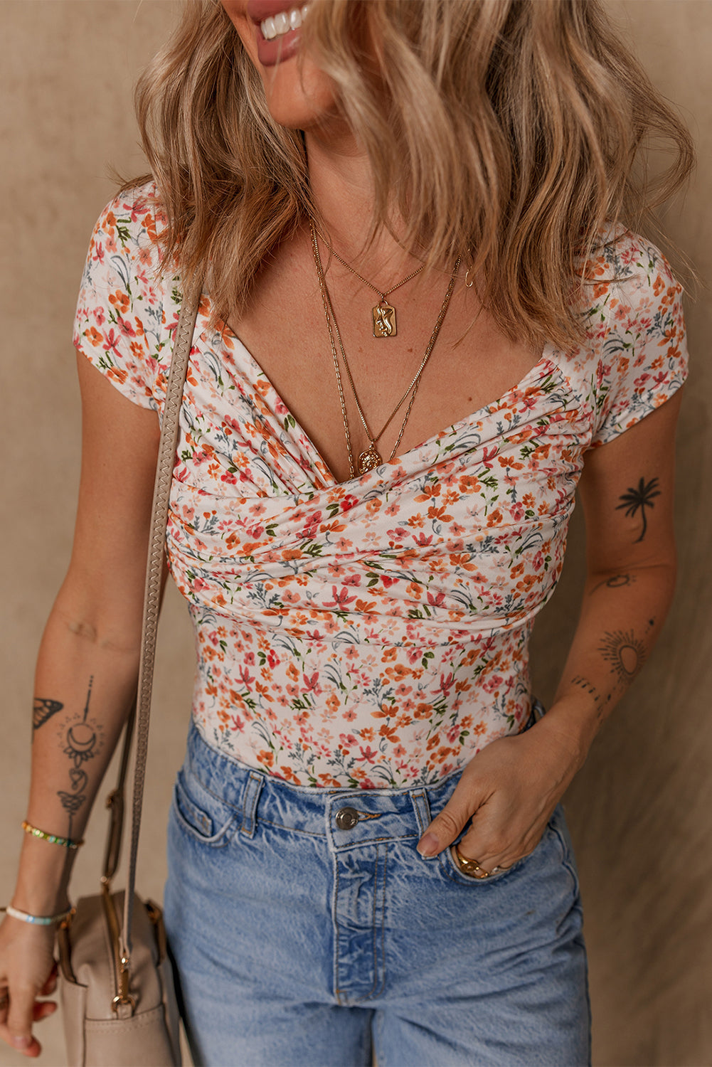 Orange Short Sleeve Floral Ruched Sweetheart Bodysuit eAura