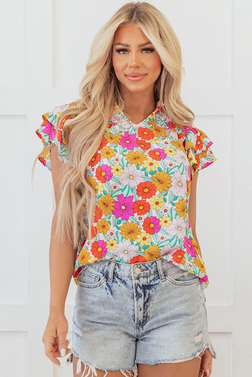 Yellow Floral Print Shirred Tiered Ruffled Sleeve Blouse eAura