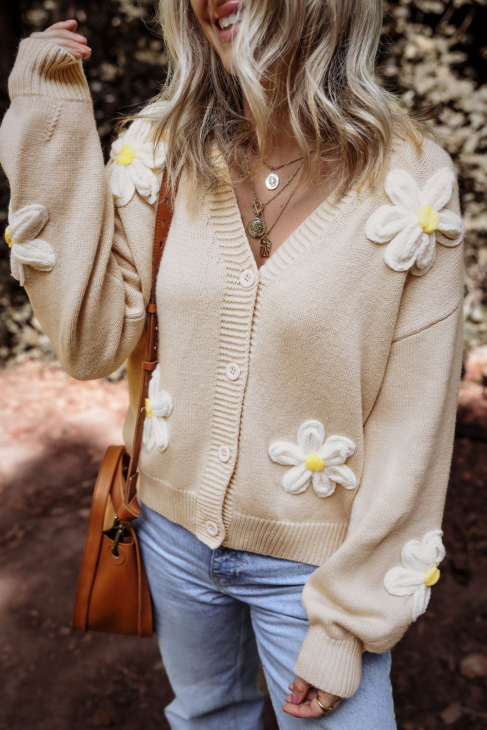 Parchment Elegant Flower Decor Button Front Cardigan eAura