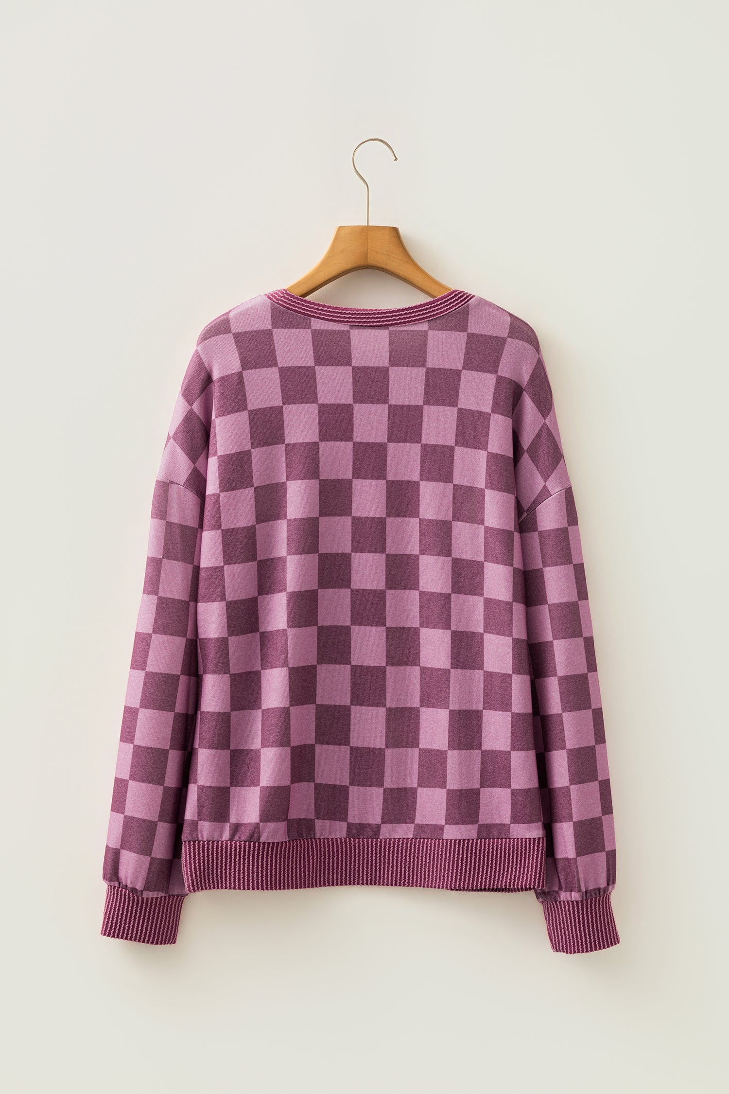 Ribbed Trim Checkered Print Long Sleeve Pullover Top – Red