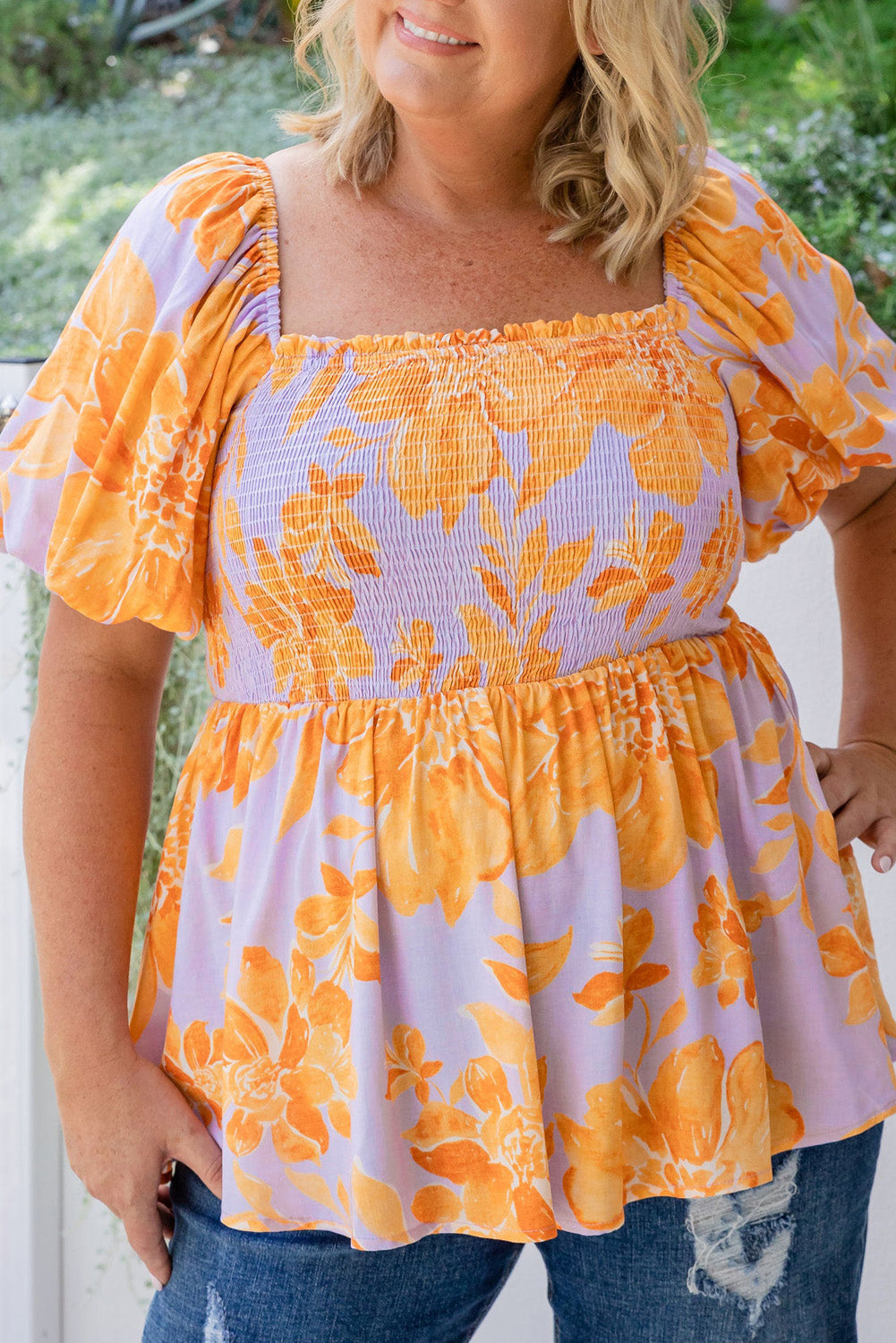 Purple Floral Puff Sleeve Square Neck Smocked Plus Size Babydoll Blouse BB Fashion Outlet