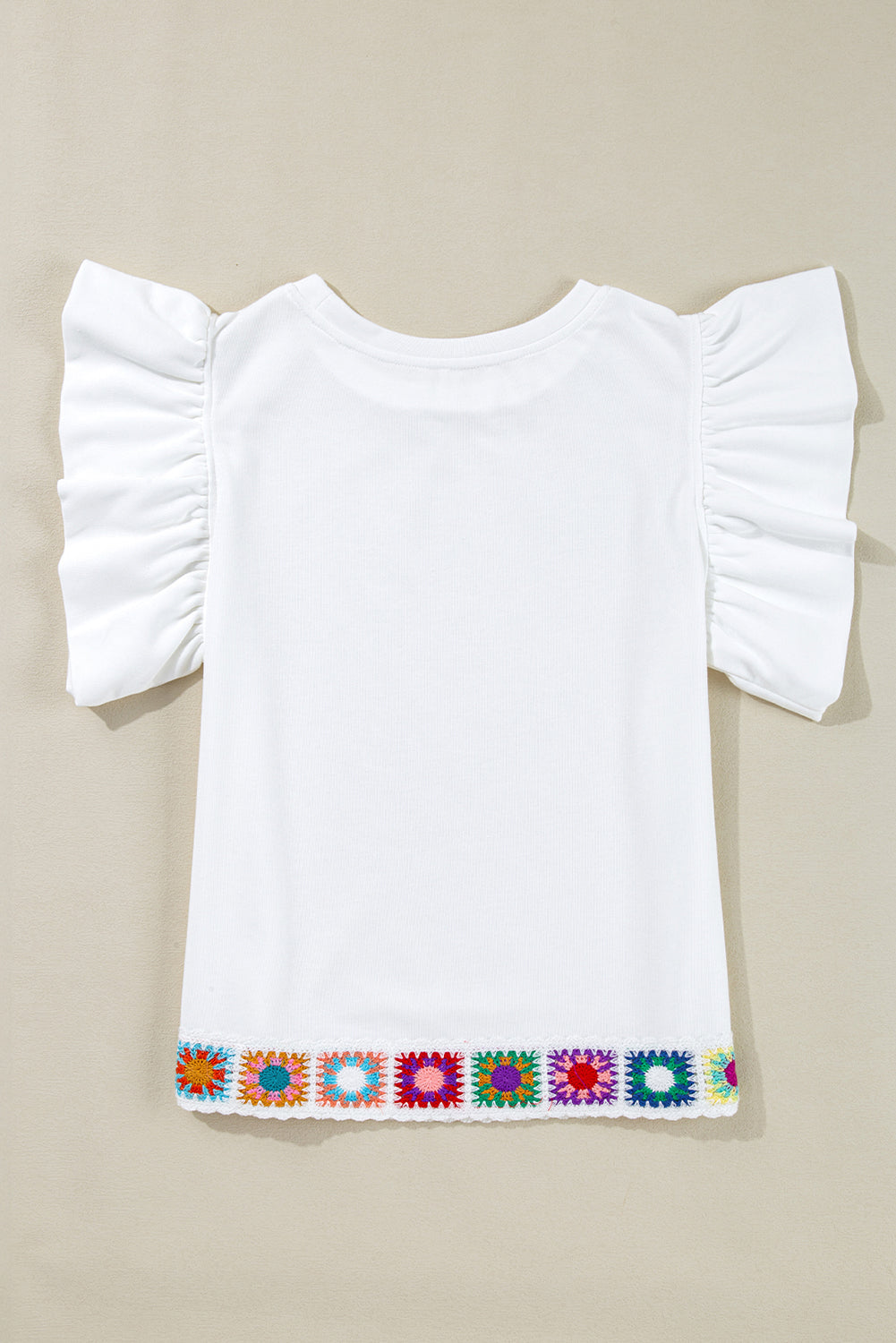 White Floral Crochet Patched Ruffled Sleeve Crewneck Blouse eAura