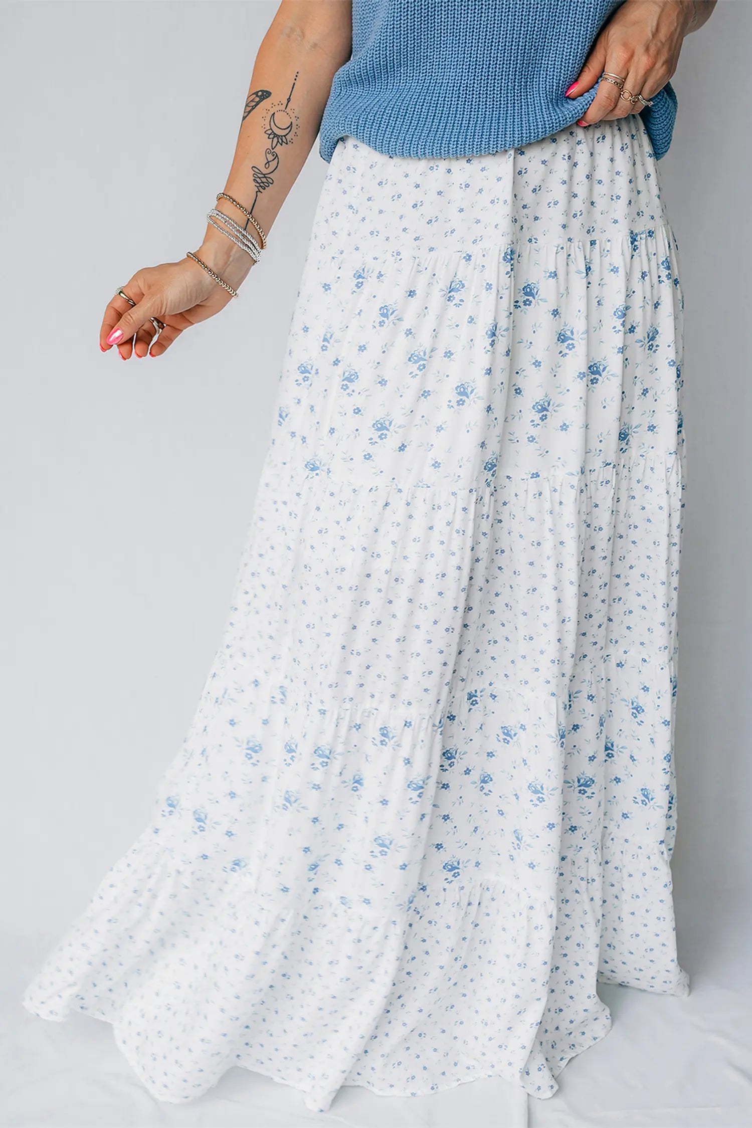High Waist Tiny Floral Print Boho Maxi Skirt – Sky Blue