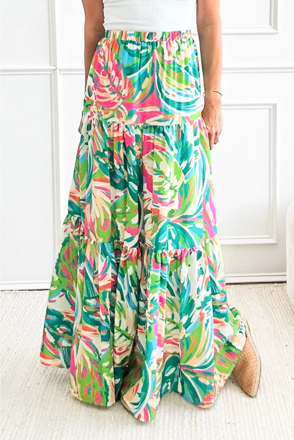 Green Abstract Printed High Waist Tiered Maxi Skirt Beagle Boutique Fashion Outlet