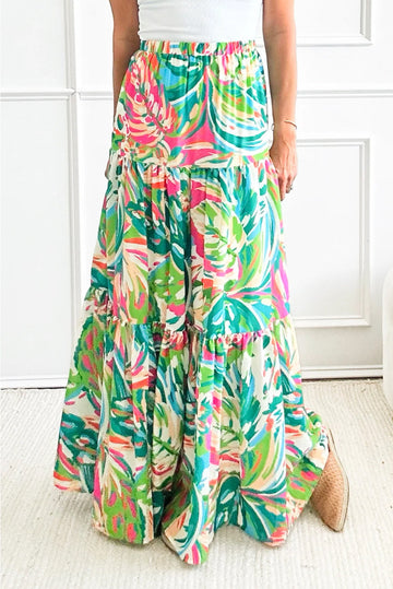 Green Abstract Printed High Waist Tiered Maxi Skirt Beagle Boutique Fashion Outlet