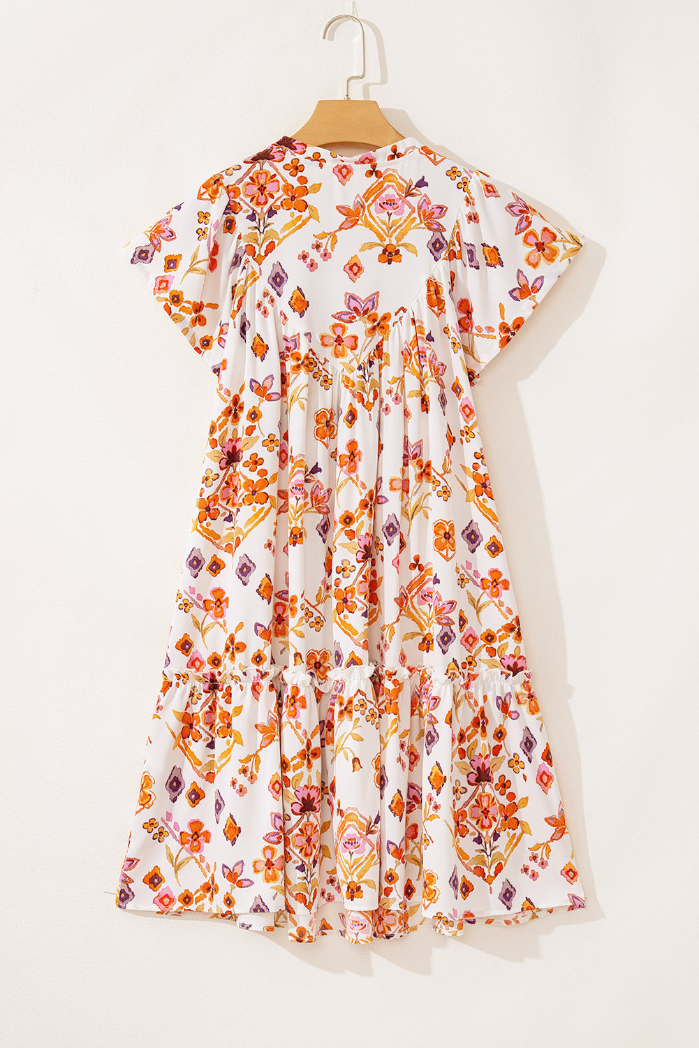 Apricot Floral Geometric Print Ruffled Trim Flutter Sleeve Mini Dress eAura