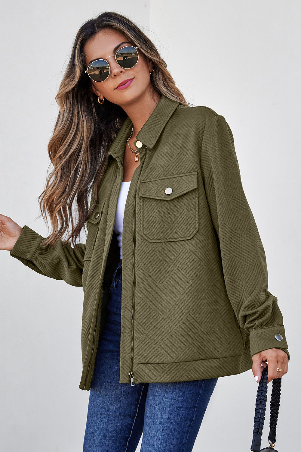 Solid Color Zip Up Button Flap Pocket Shirt Collar Jackets – Blackish Green
