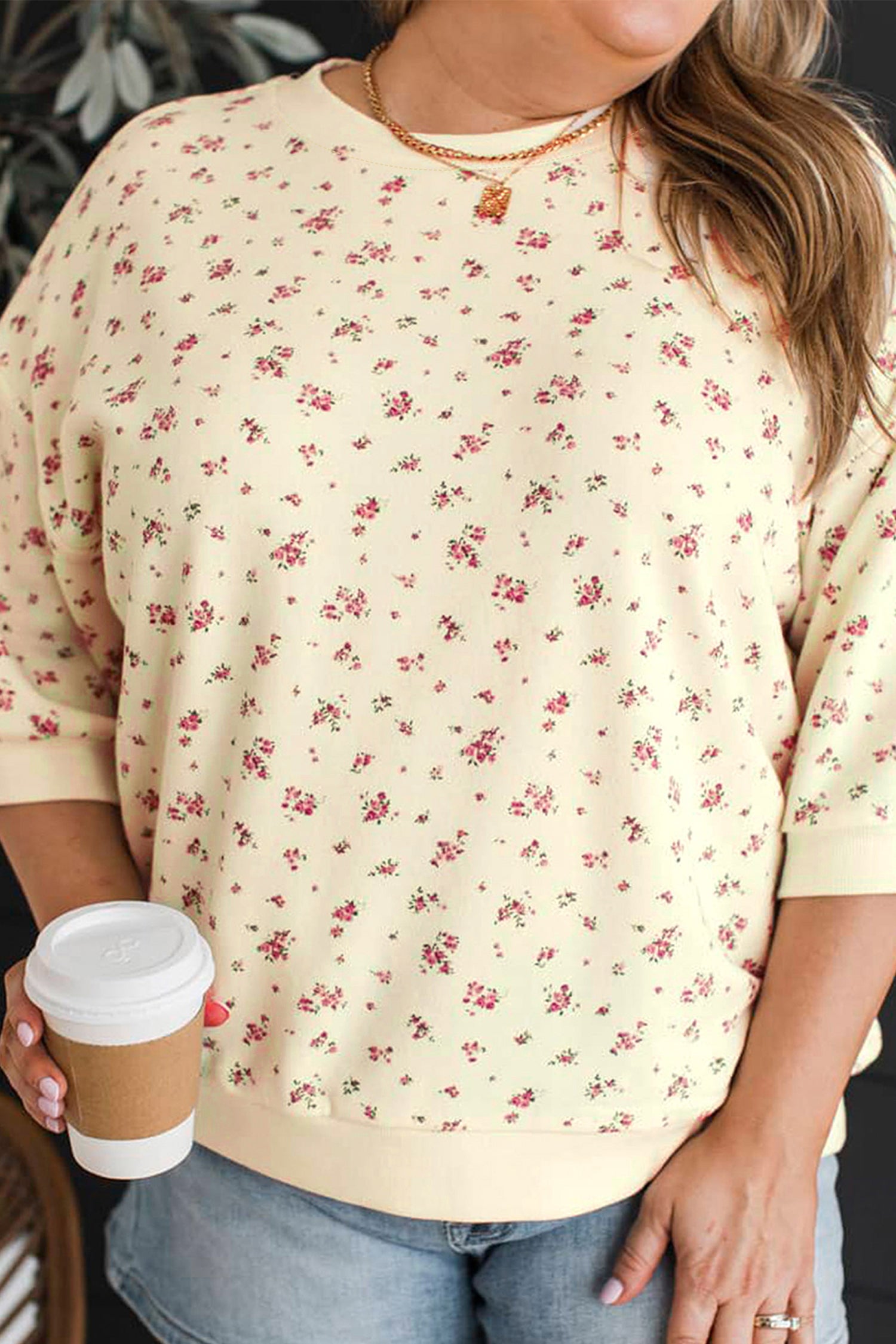 Floral Print Colorblock Cuffs Hem Plus Size Blouse – Beige