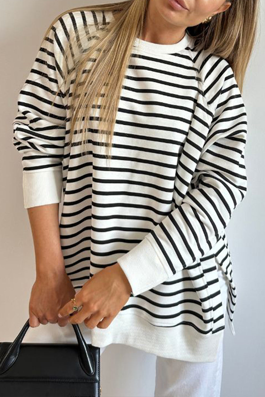 Black Stripe Raglan Sleeve Side Slits Loose Sweatshirt eAura