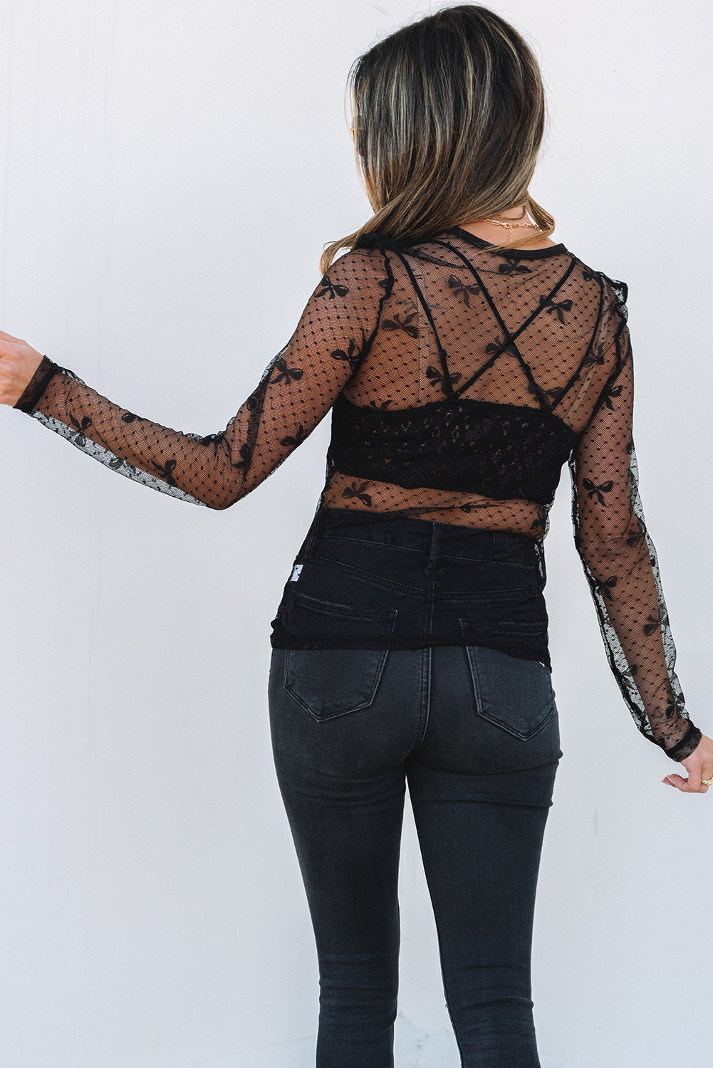 Black Bow Pattern Accent Mesh Long Sleeve Top eAura