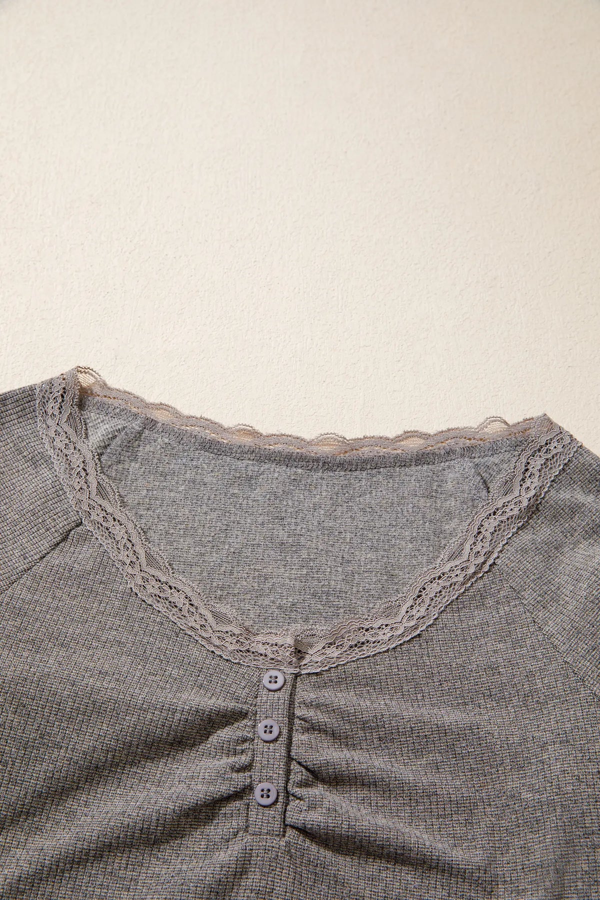 Medium Grey Solid Color Ribbed Lace Trim V-Neck Button Detail Long Sleeve Top