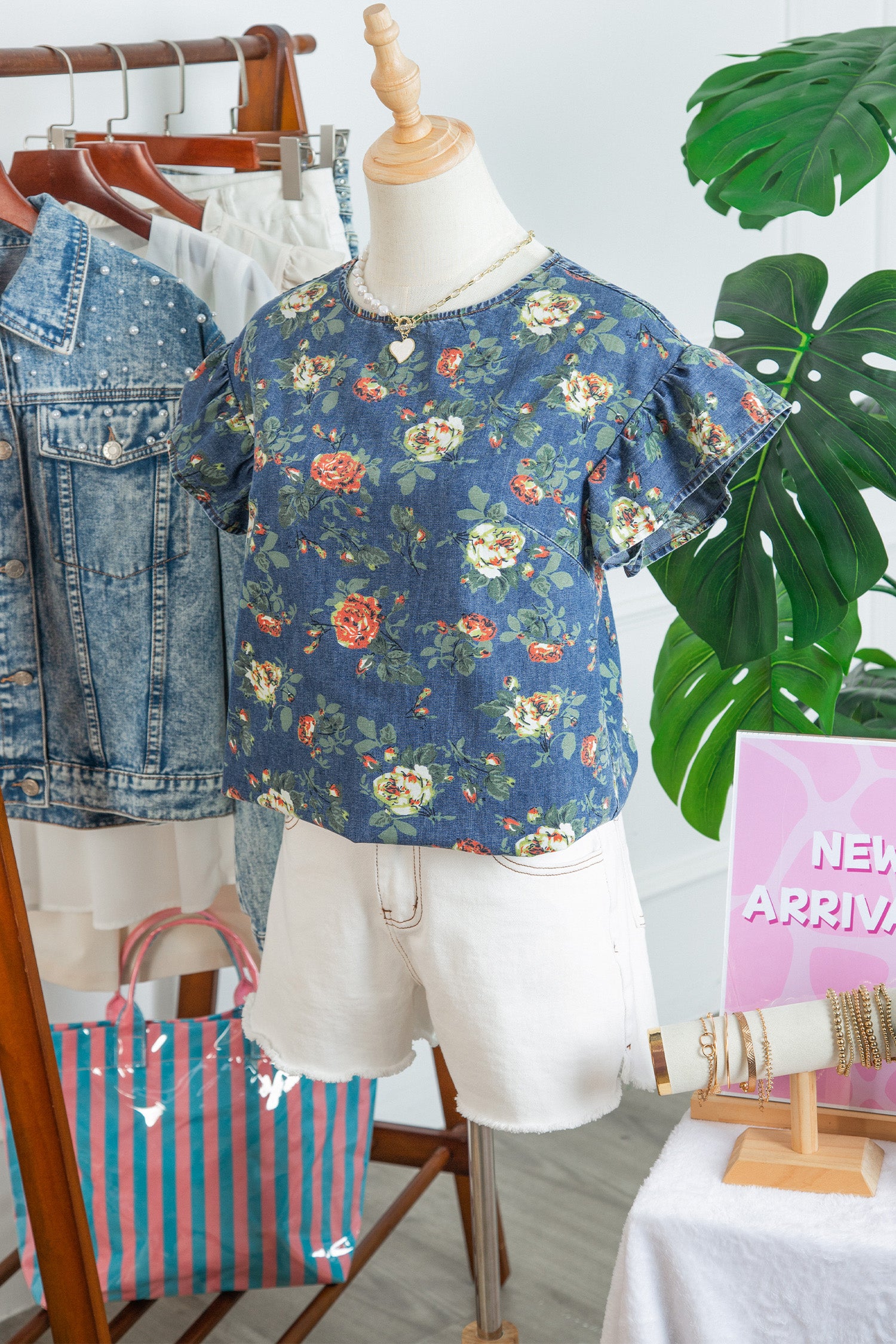 Ruffled Short Sleeve Floral Denim Top
