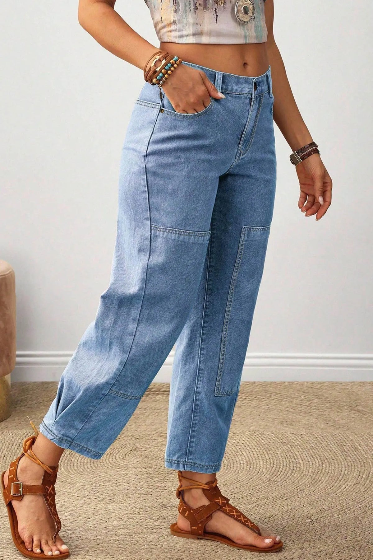 Decorative Seam Patchwork Detail Solid Colour Jeans