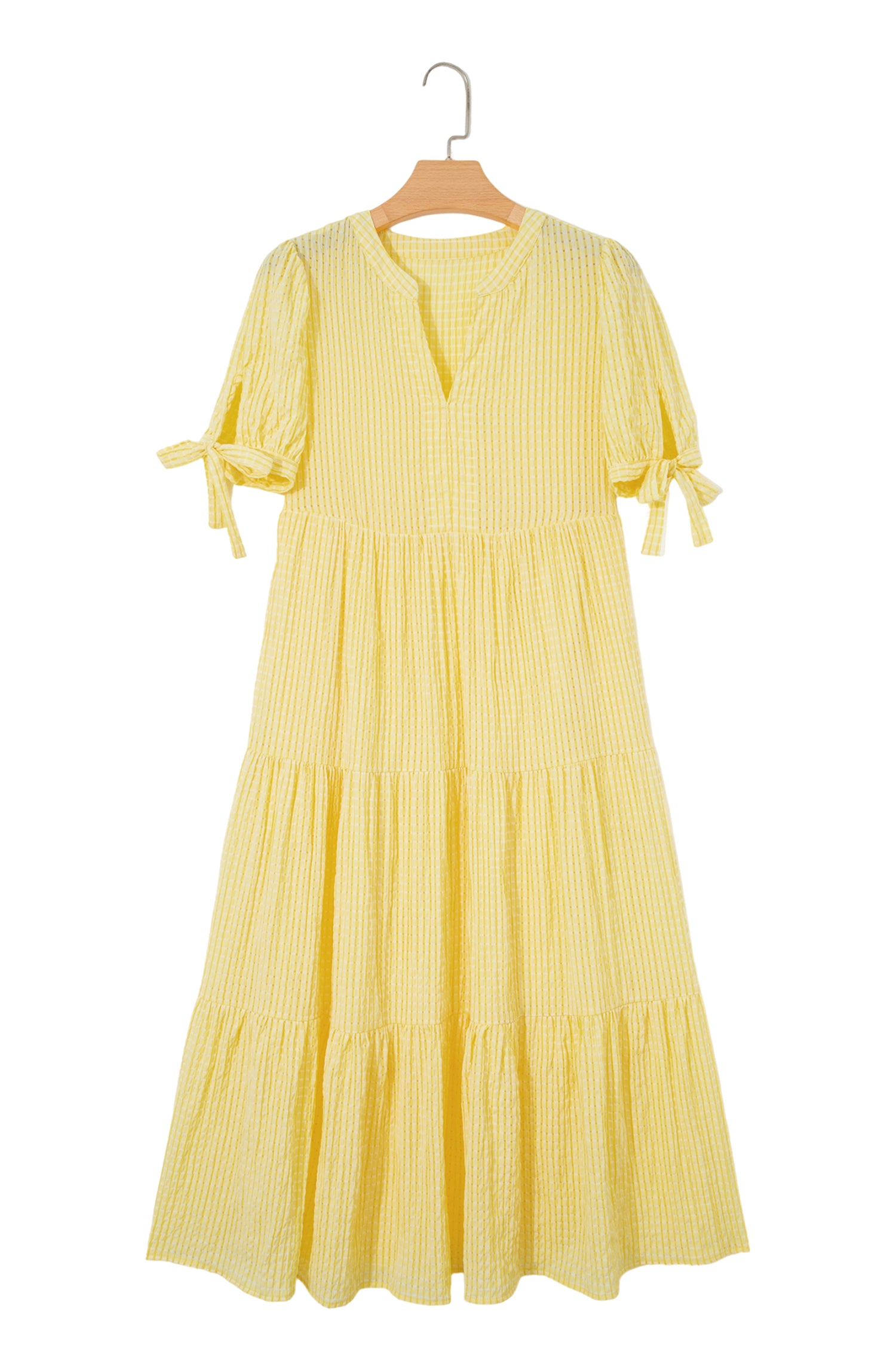 Gingham Textured Bow Tie Sleeve Tiered Midi Dress with Pockets
