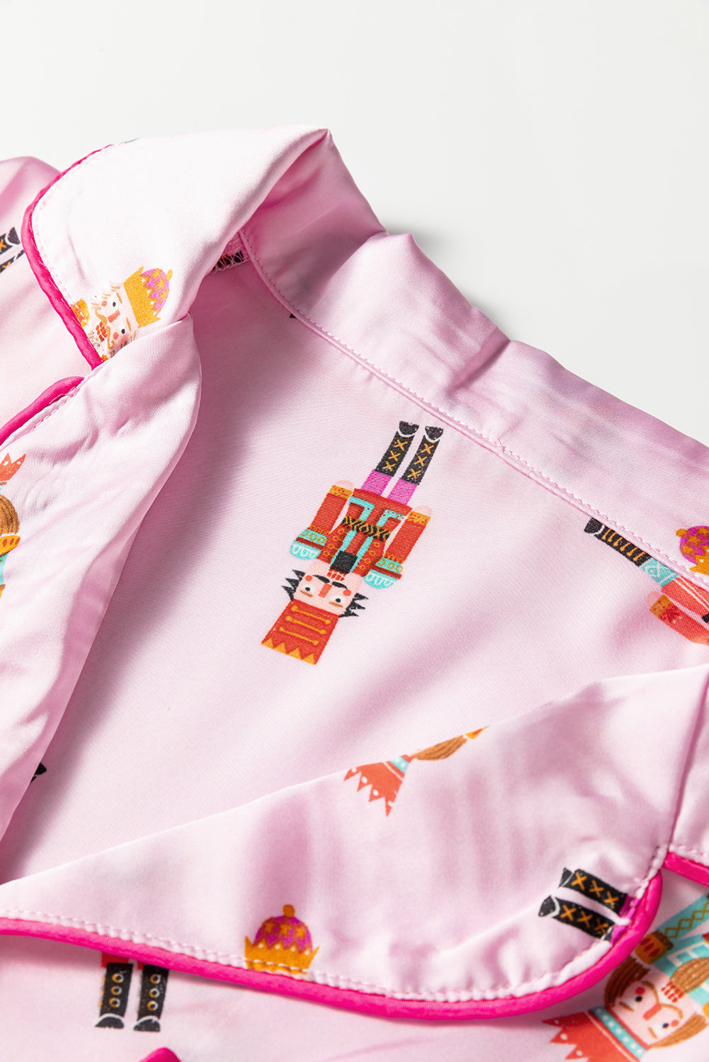 Nutcracker Print Contrast Trim Tied up Bow Silky 2pcs Pajama Set - eAura