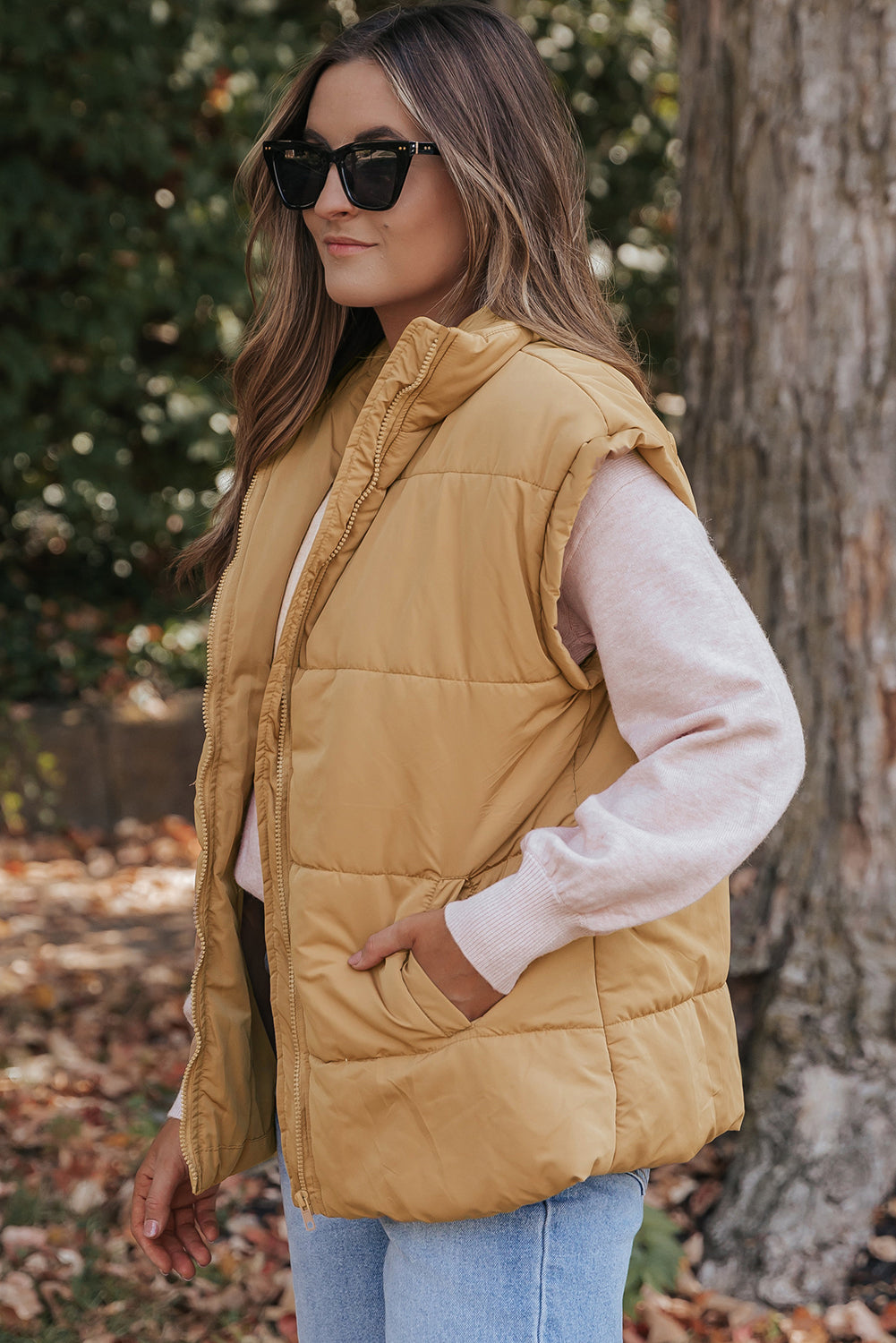 Oversized Stand Collar Zip Winter Vest – Khaki