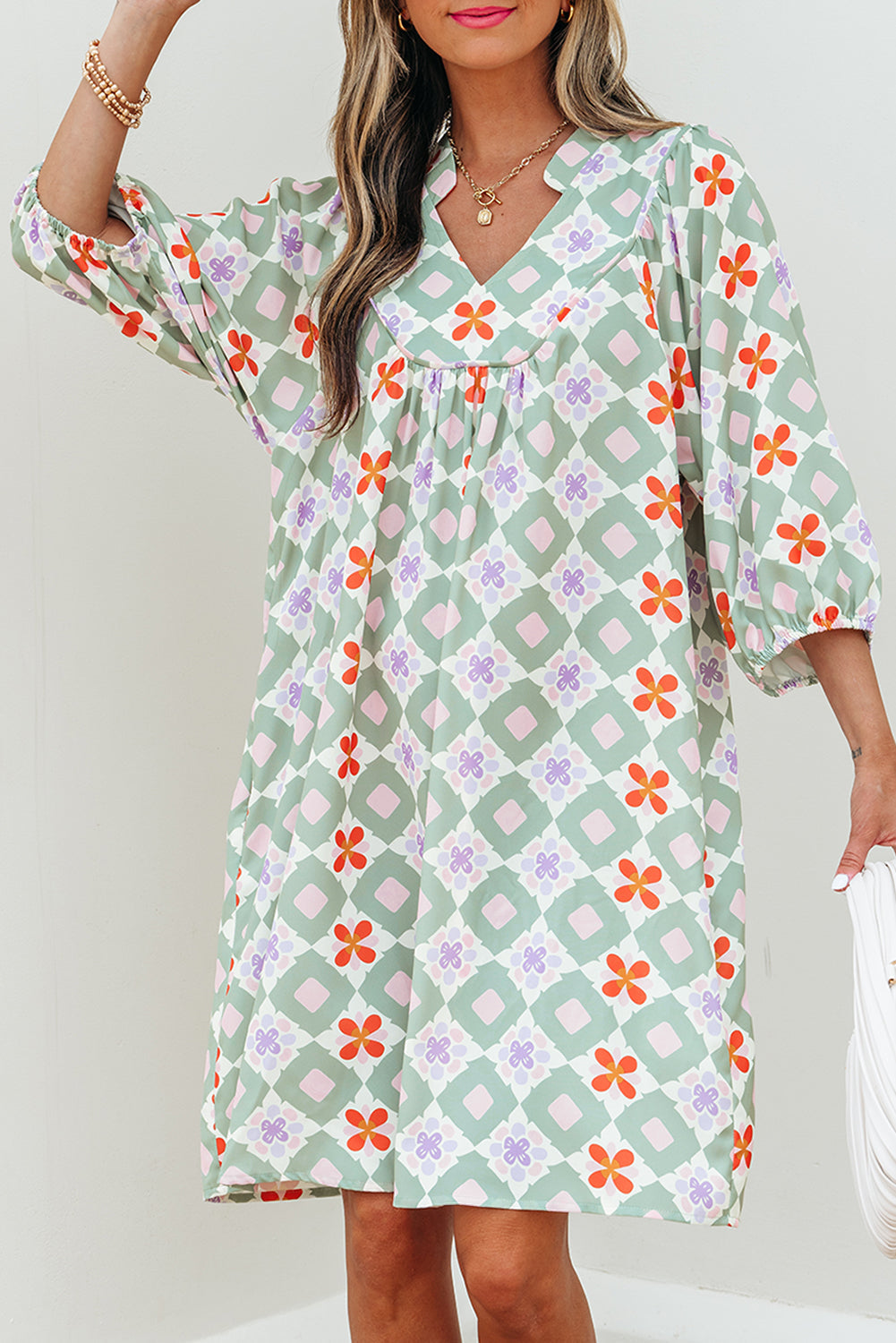 Green Geometric Floral Print 3/4 Sleeve Notched Neck Mini Dress eAura