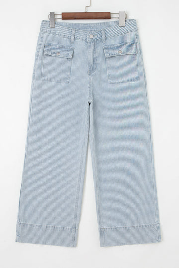 Stripe Button Flap Pocket Cuffed Hem Wide Leg Jeans - Blue / 4 - Bottoms/Jeans/WideLeg