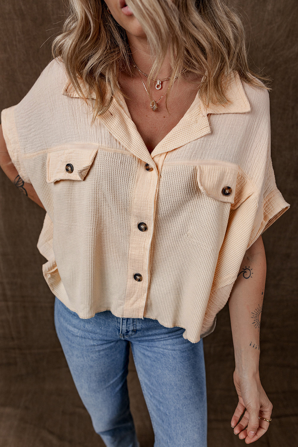 Beige Waffle Short Batwing Sleeve Flap Detail Wide Shirt eAura