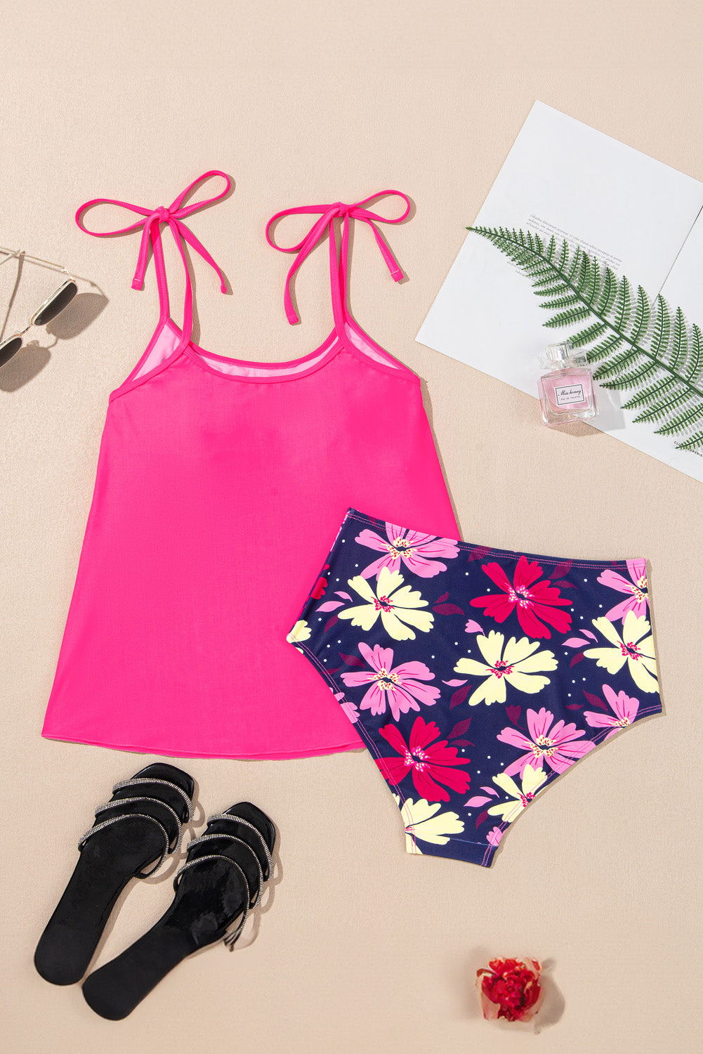 Rose Red Tie Shoulder Floral Print Cute Tankini Set eAura