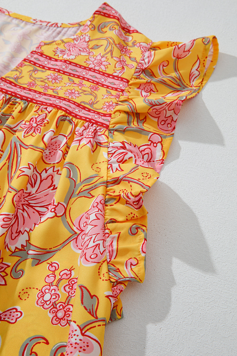 Yellow Floral Notched Neck Ruffled Sleeve Casual Blouse eAura