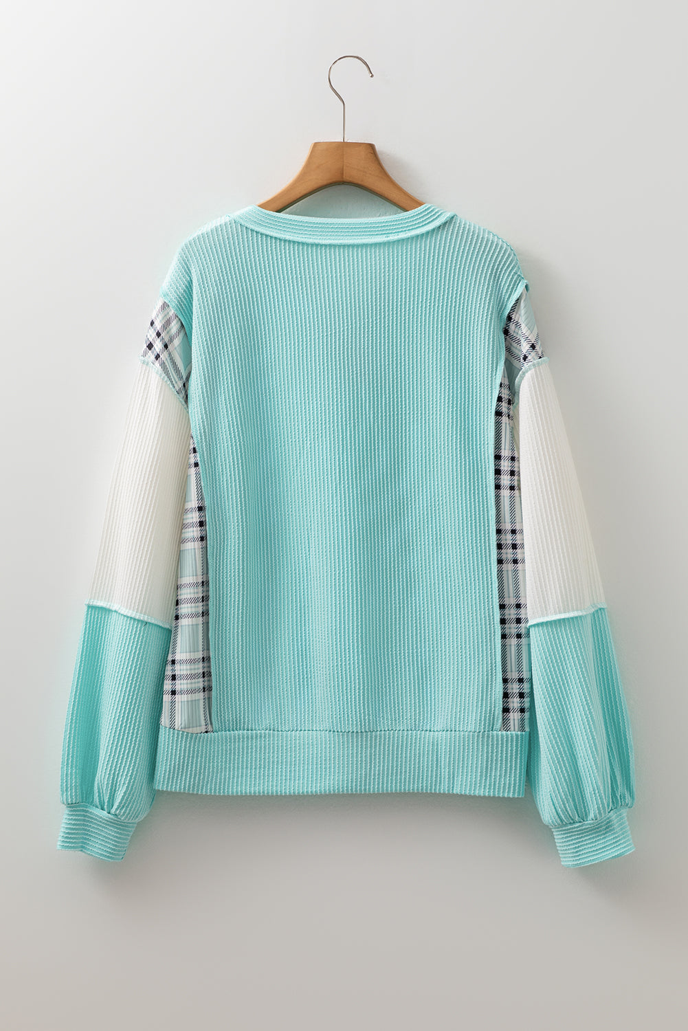 Soft Corded Texture Patchwork Split Neck Long Sleeve Top - eAura