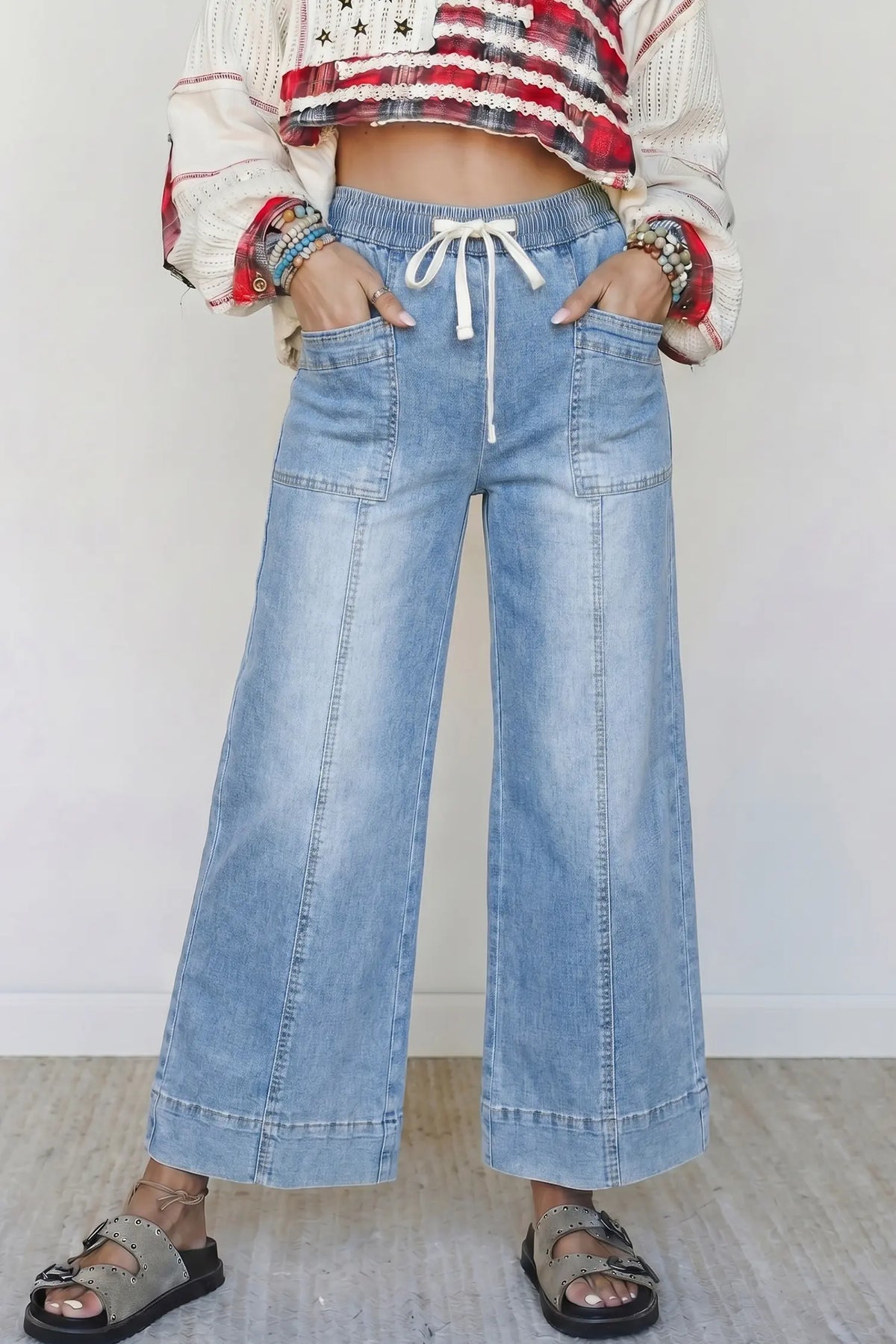Beau Drawstring Waist Wide Leg Ankle Length Jeans