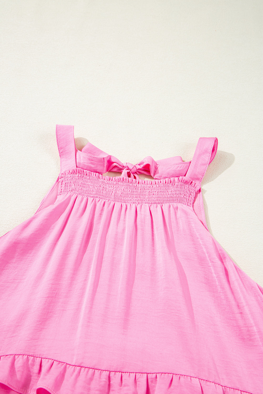 Pink Smocked Neck Knot Back Frilly Tiered Sleeveless Mini Dress BB Fashion Outlet