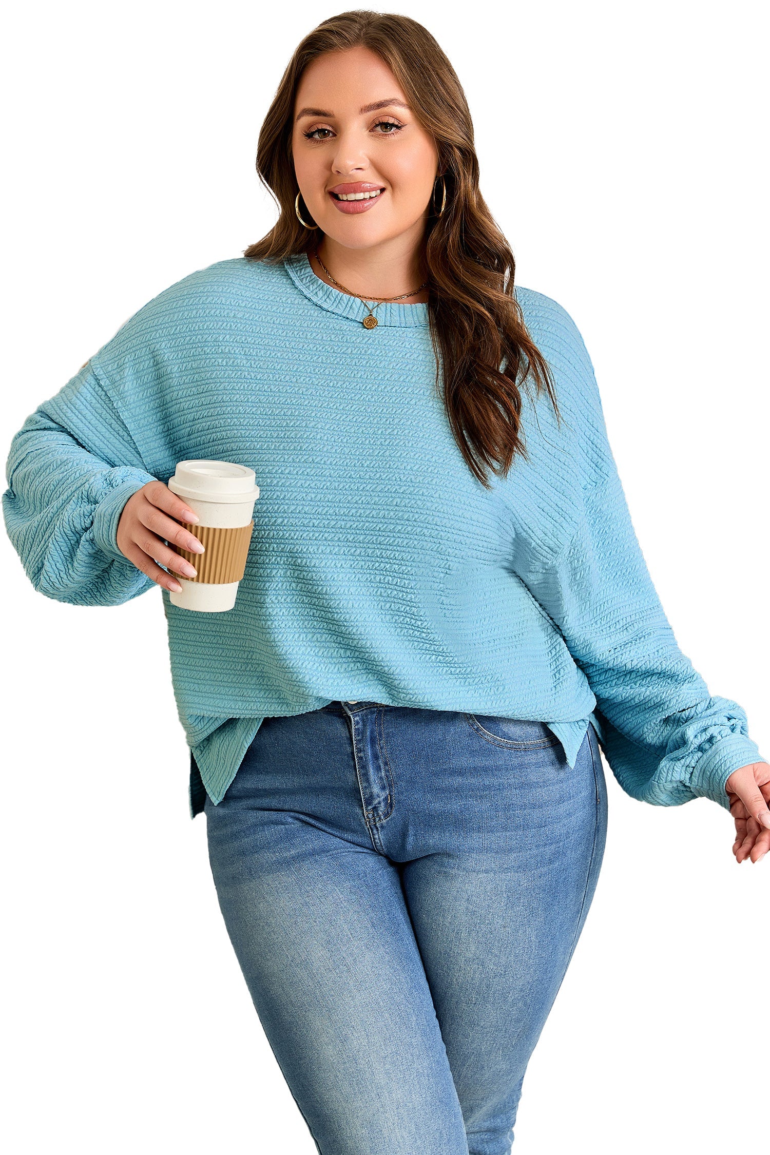 Textured Drop Shoulder Plus Size Knit Top - eAura