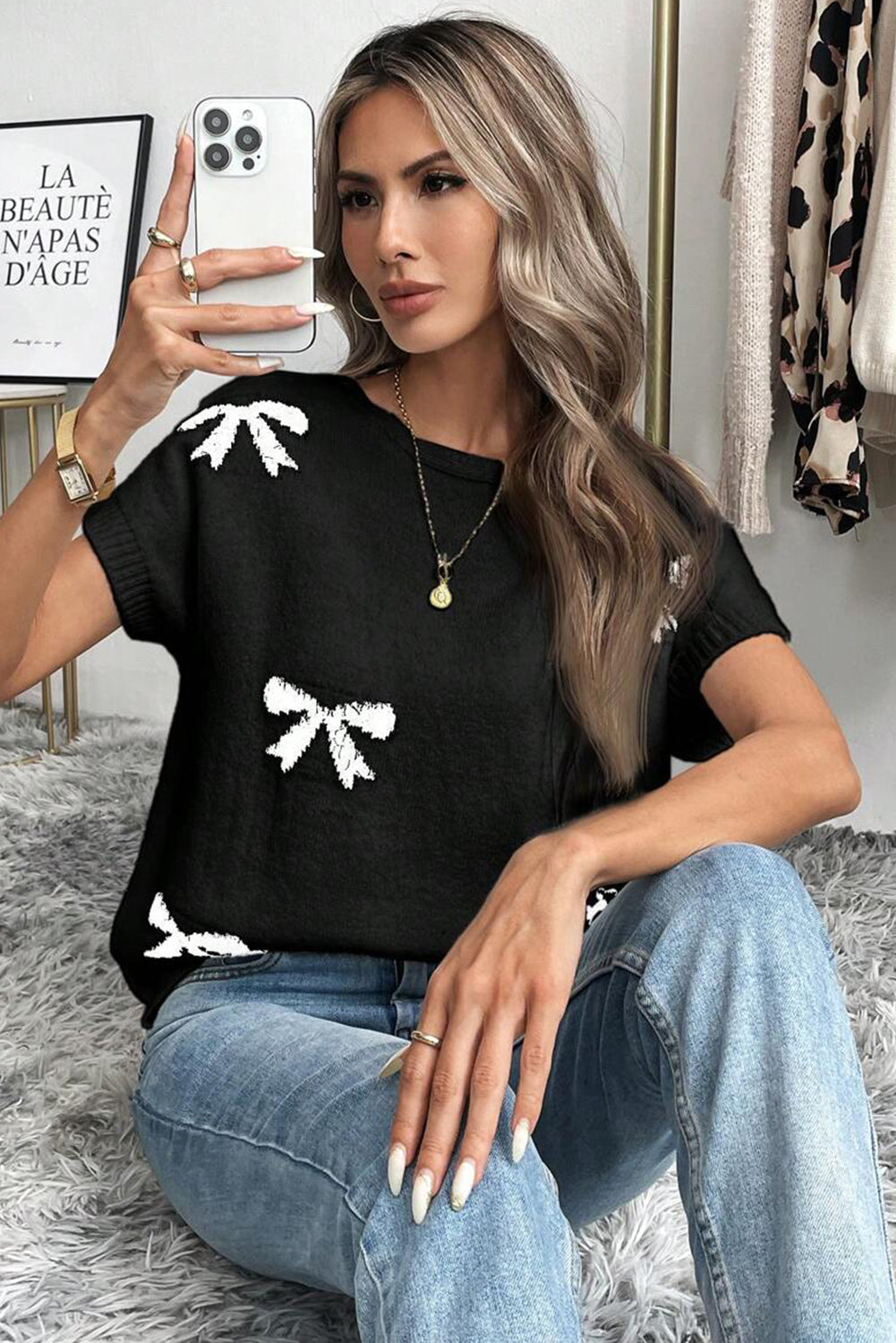 Bow Pattern Knit Short Sleeve Black Sweater eAura