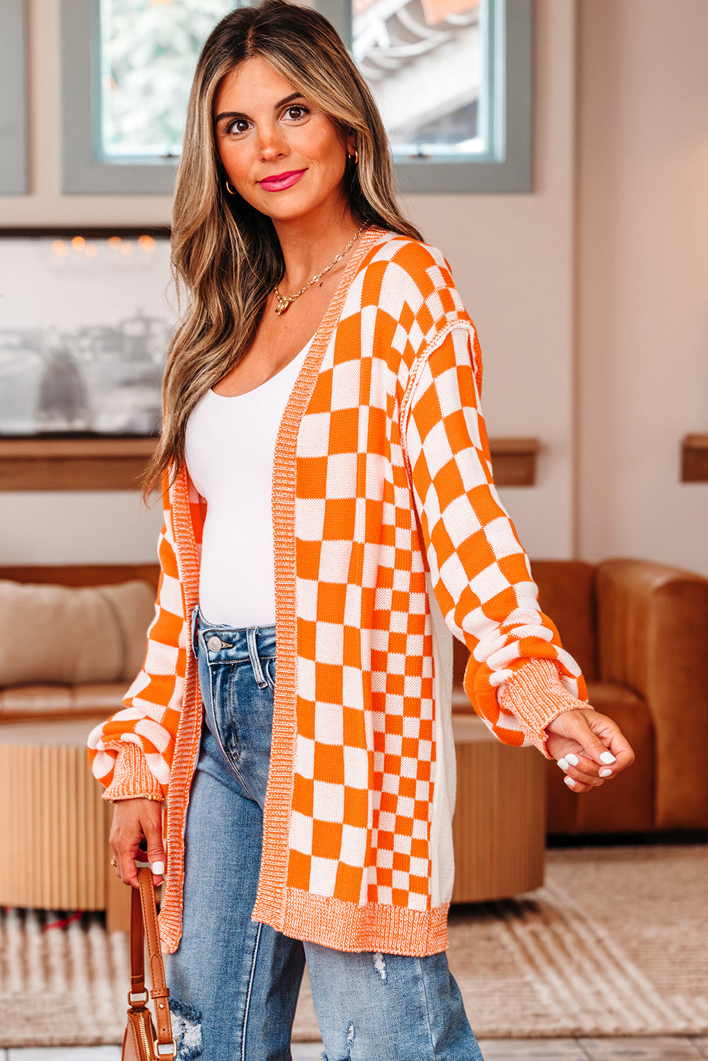 Orange Checkered Open Front Drop Shoulder Cardigan eAura