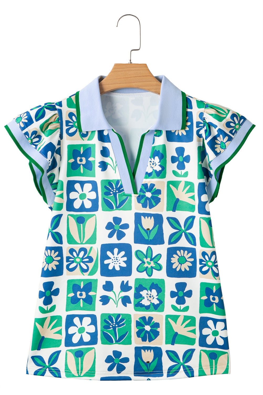 Green Floral Plaid Colourblock Trim Collar Flutter Sleeve Blouse eAura