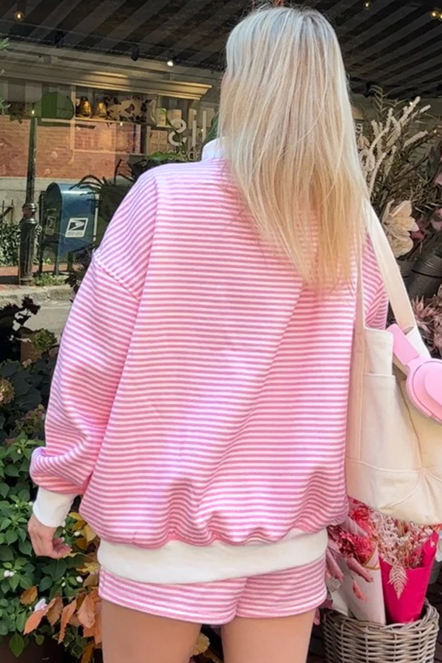 Stripe Oversize Mock Neck Sweatshirt and Shorts Set