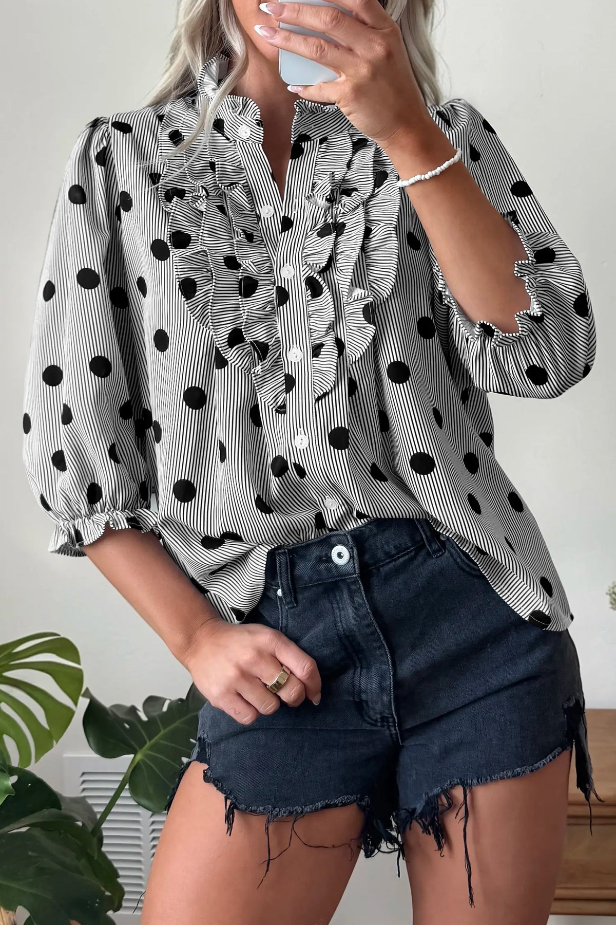 Polka Dot Striped Print Ruffle Stand Neck 3/4 Sleeve Shift Shirt – Black White