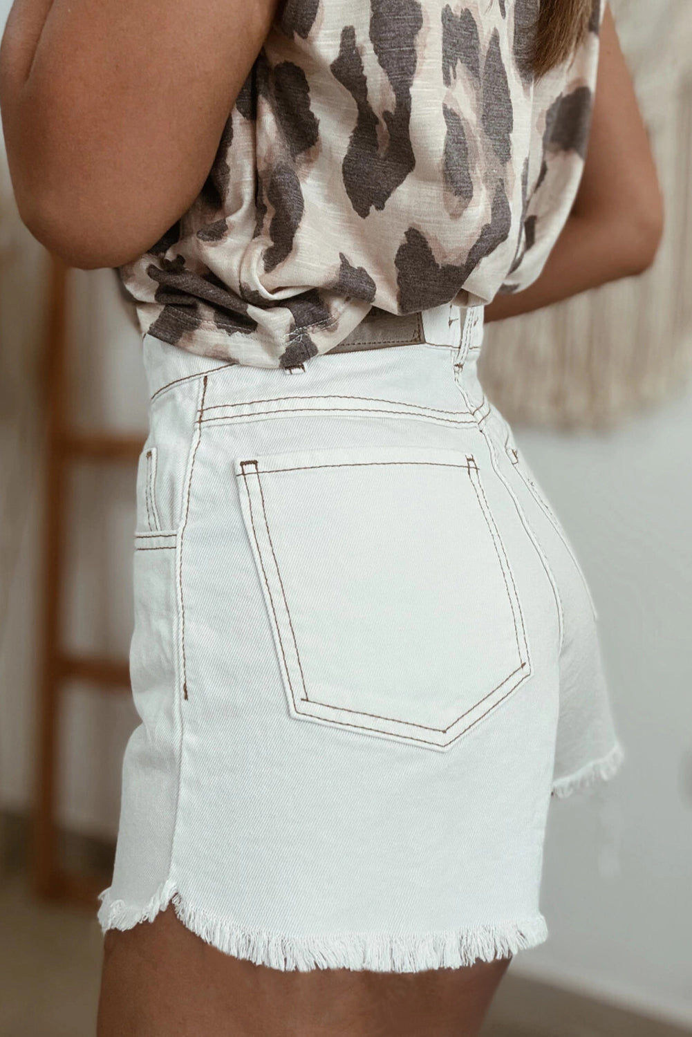 White Raw Hem High Waist Denim Shorts eAura