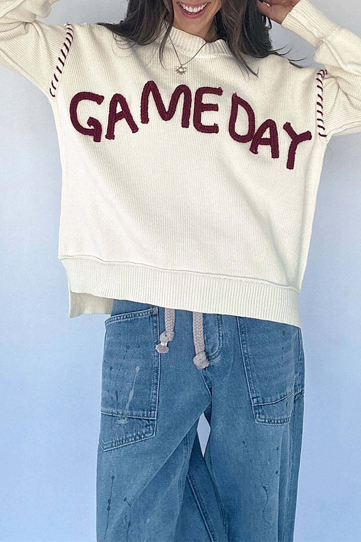 Drop Shoulder Game Day Letter Print Pullover Sweater – Beige