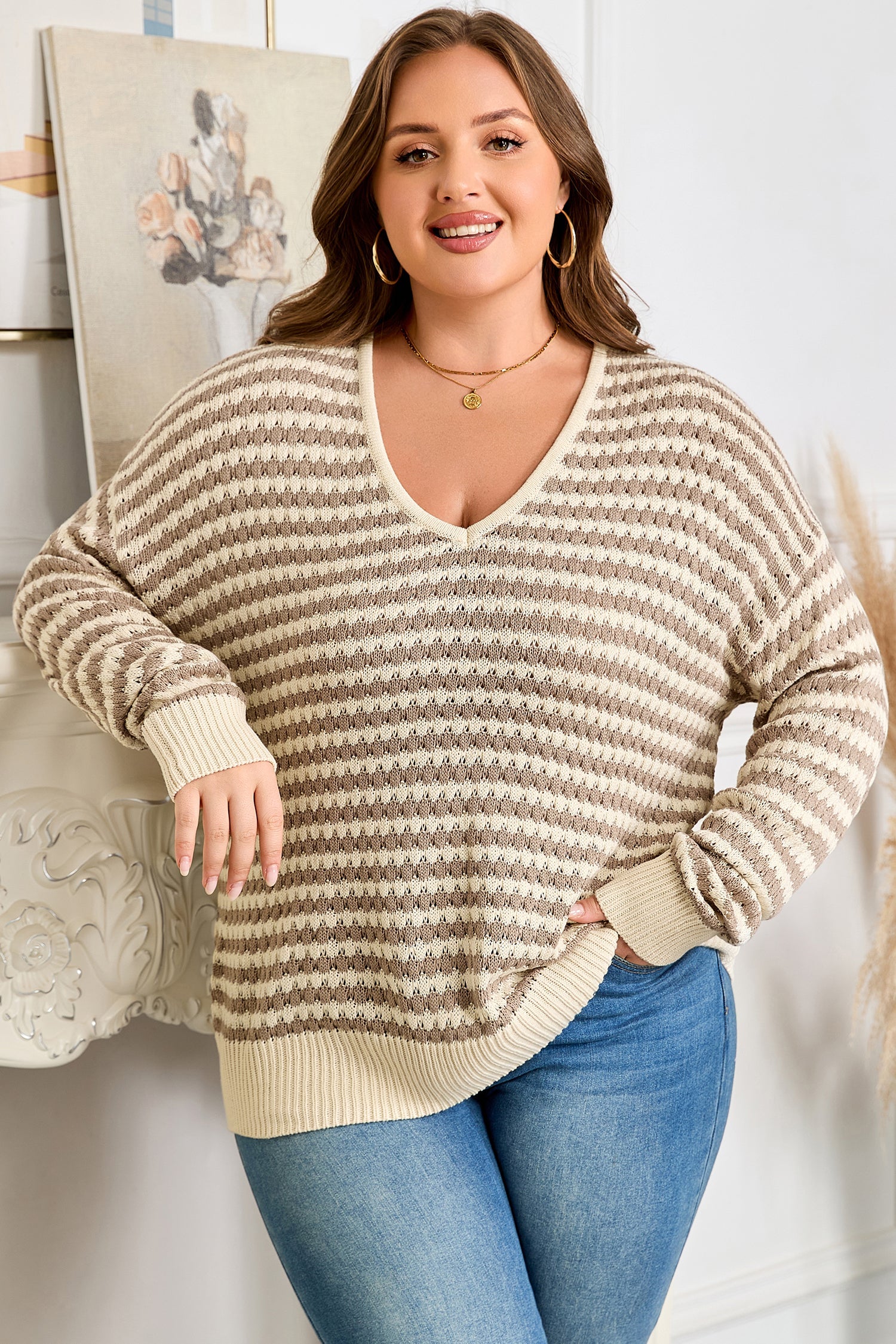 Stripe Plus Size V-Neck Drop Shoulder Sweater - eAura