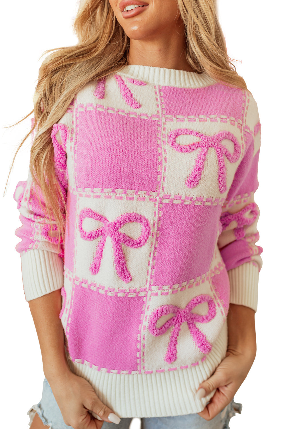 Pink Bow Knot Two Tone Checkered Crew Neck Sweater eAura