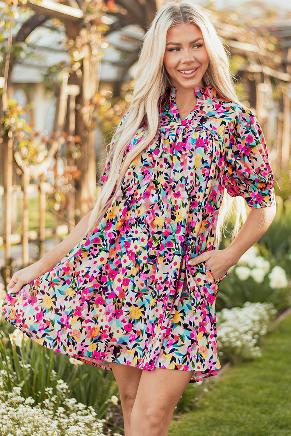 Pink Floral Puff Short Sleeve V Neck Mini Dress eAura