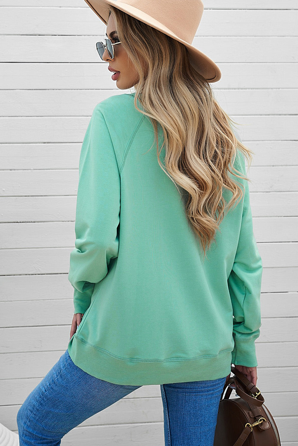 Green French Terry Cotton Blend Pullover Sweatshirt eAura