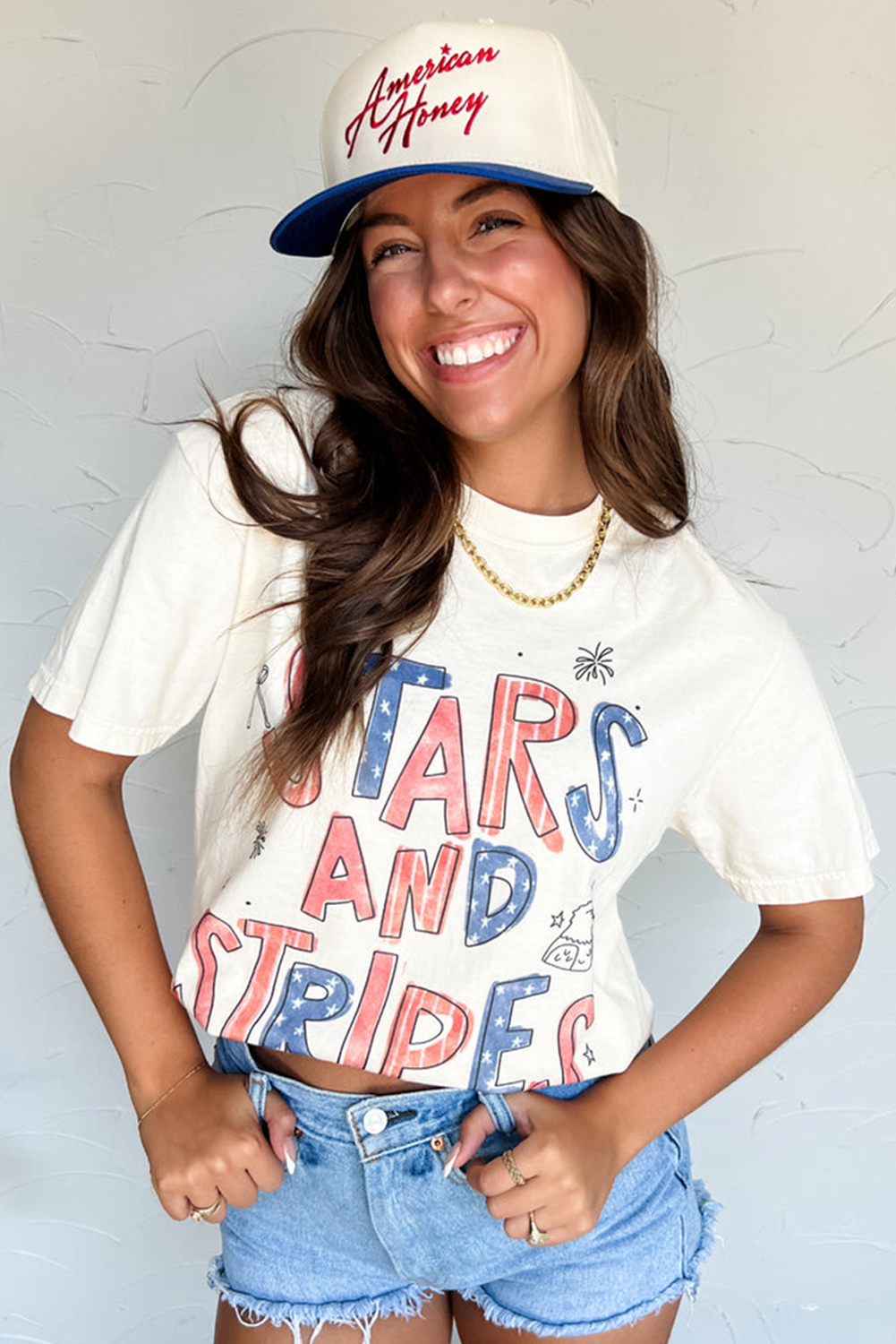 White STARS AND STRIPES Crew Neck Graphic Tee eAura