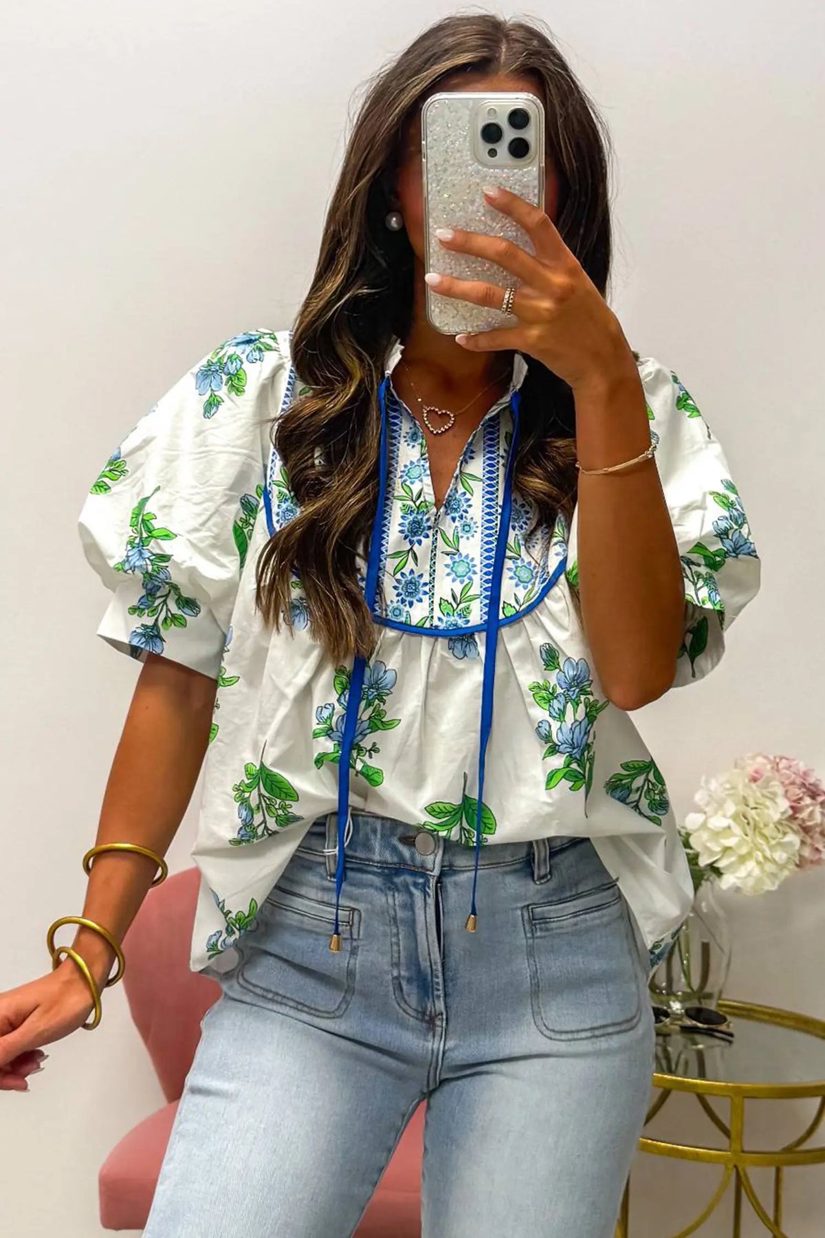 Floral Print Contrast Trim Tie Neck Blouse – White